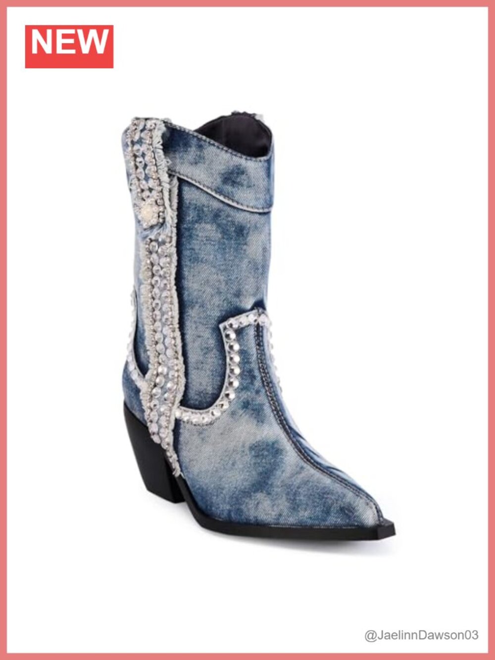 Denim Rhinestone Chunky Heel Mid-Calf Cowboy Boots Pointed Toe Pull-On